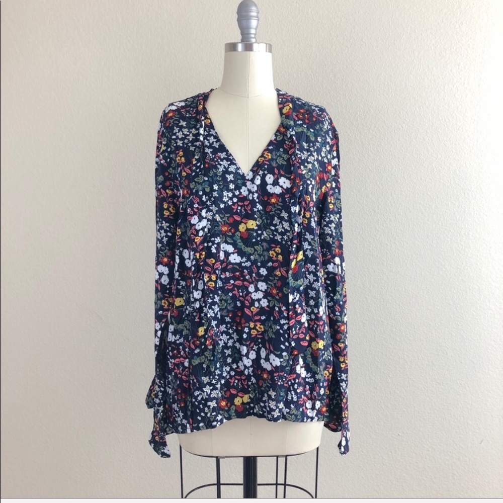 Navy Floral Tie Neck Long Ruffle Sleeve Blouse - Picture 2 of 6